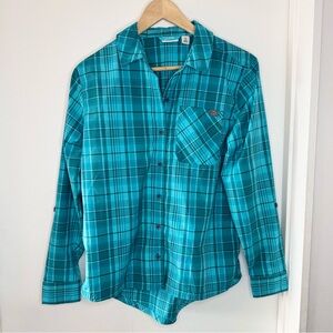LL Bean Aqua Plaid Tech Fabric Button Up Short Outdoors Women’s X Small